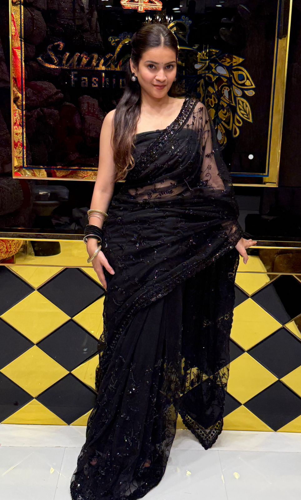 Stunning Black Korean Net Saree (204)