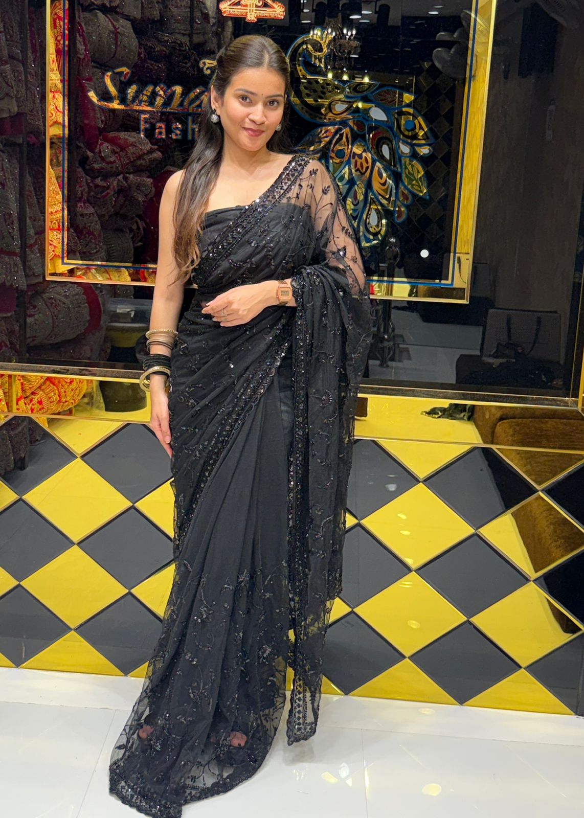 Stunning Black Korean Net Saree (204)