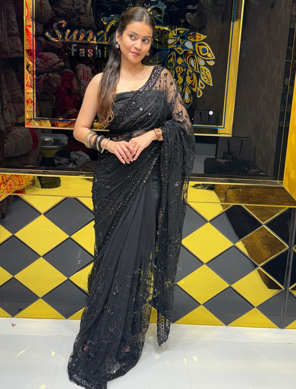 Stunning Black Korean Net Saree (204)