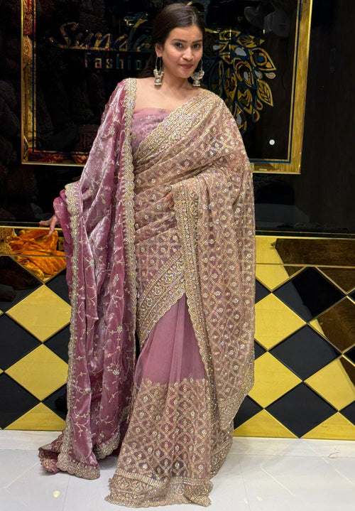 Rose Pink Premium Saree Dupatta Set (211)