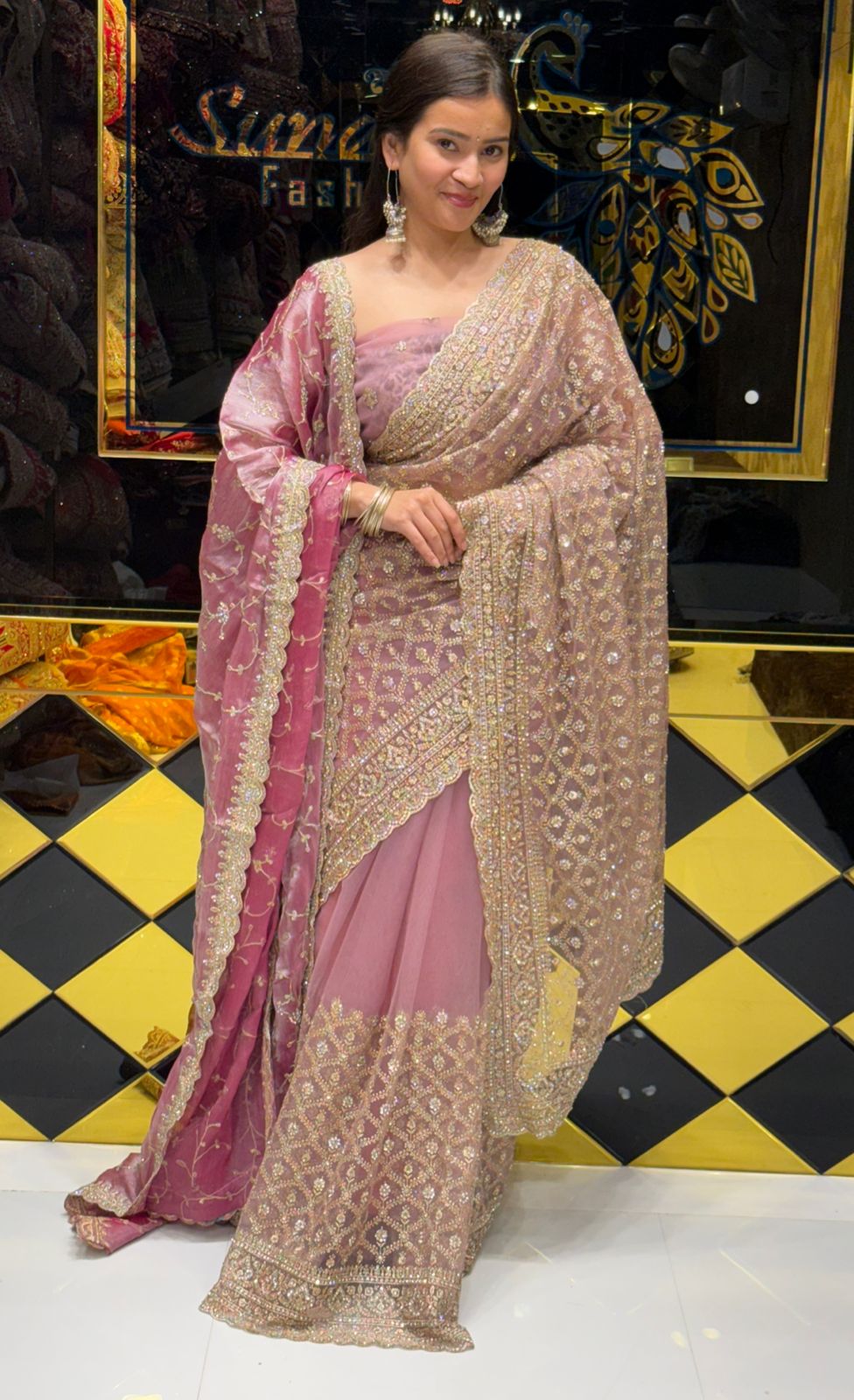 Rose Pink Premium Saree Dupatta Set (211)