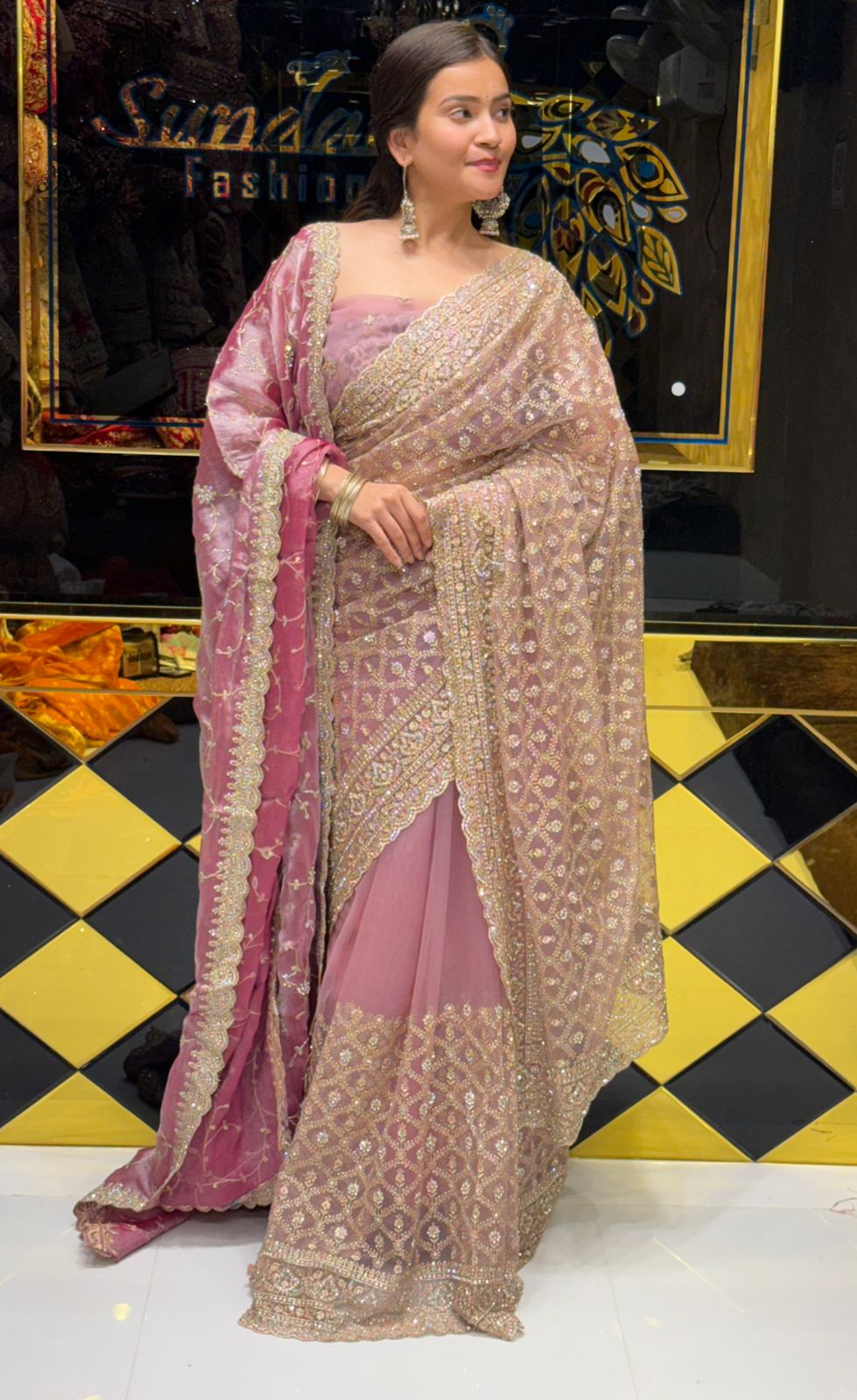 Rose Pink Premium Saree Dupatta Set (211)
