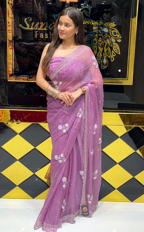 Lavender Pearl Handwork Saree (209)