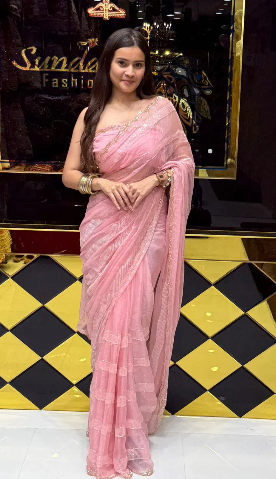 Elegant Pink  Handwork Partywear Saree (215)