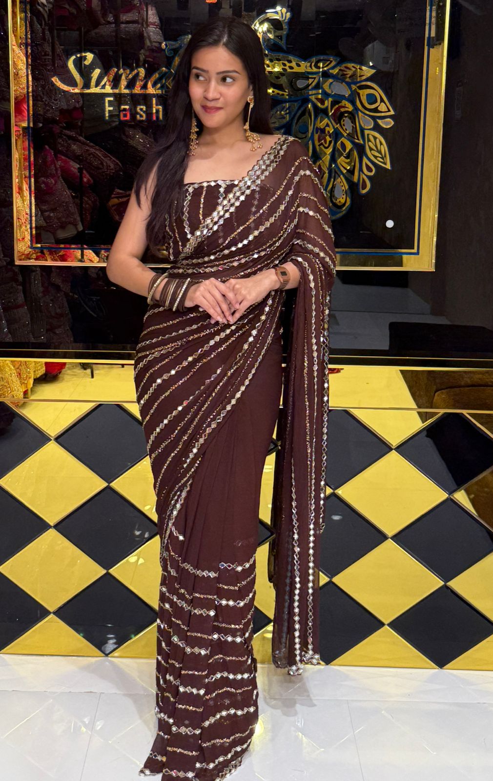 Brown Katdana Premium Handwork Pure Chiffon Saree (213)