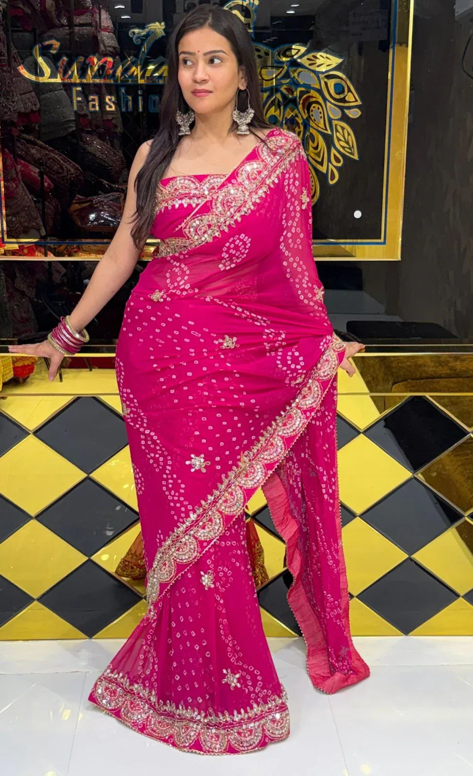 Pink Pure Chiffon Bandhani Mirror Handwork Saree (228)