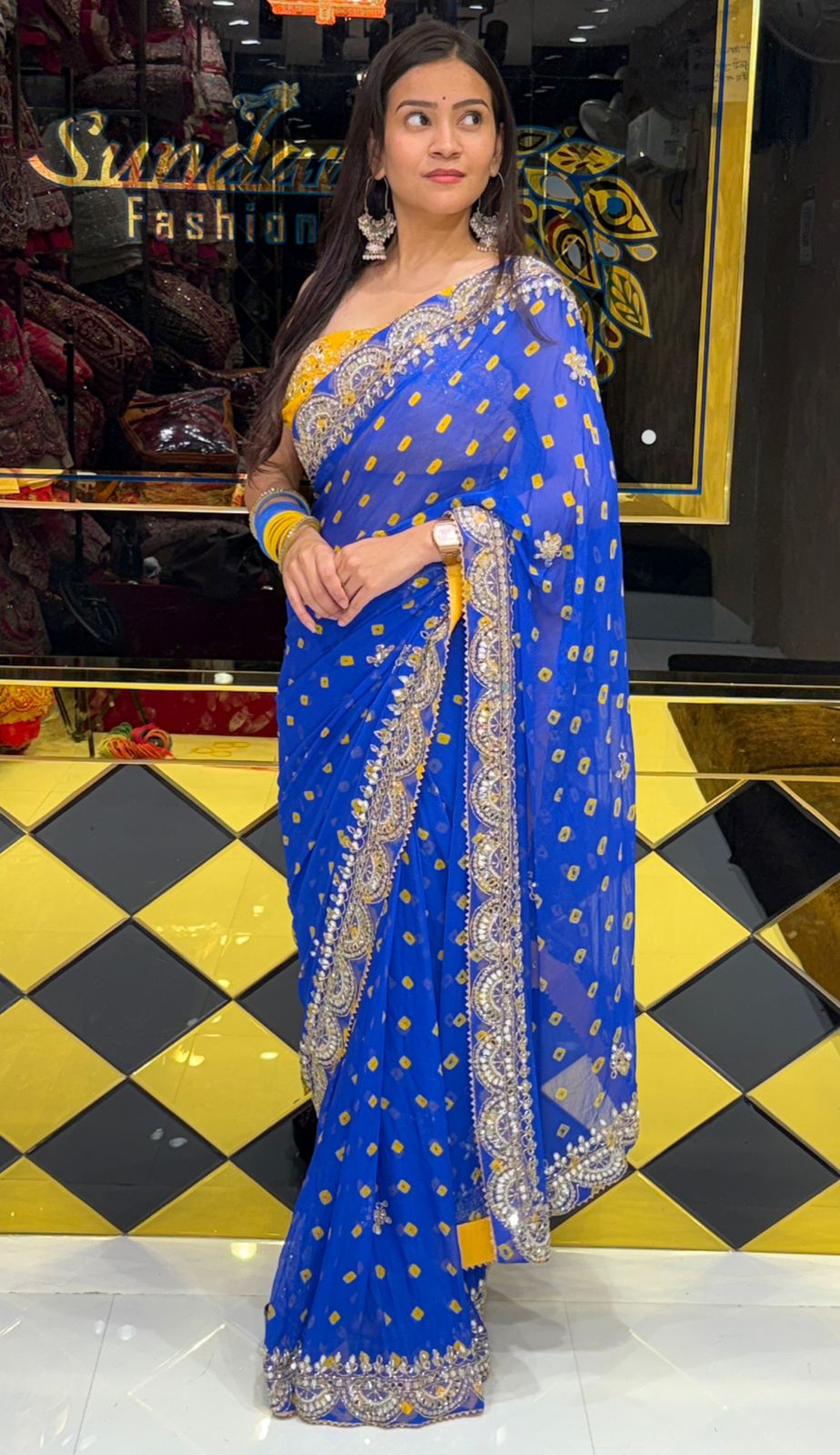 Pure Chiffon Bandhani Mirror Handwork Saree With Contrast Blouse (217)