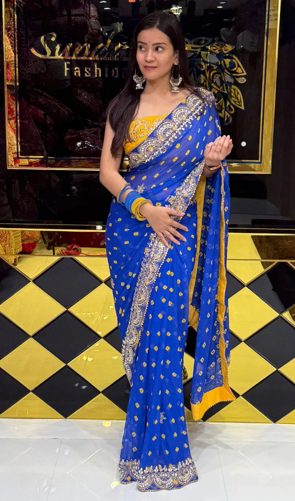 Pure Chiffon Bandhani Mirror Handwork Saree With Contrast Blouse (217)