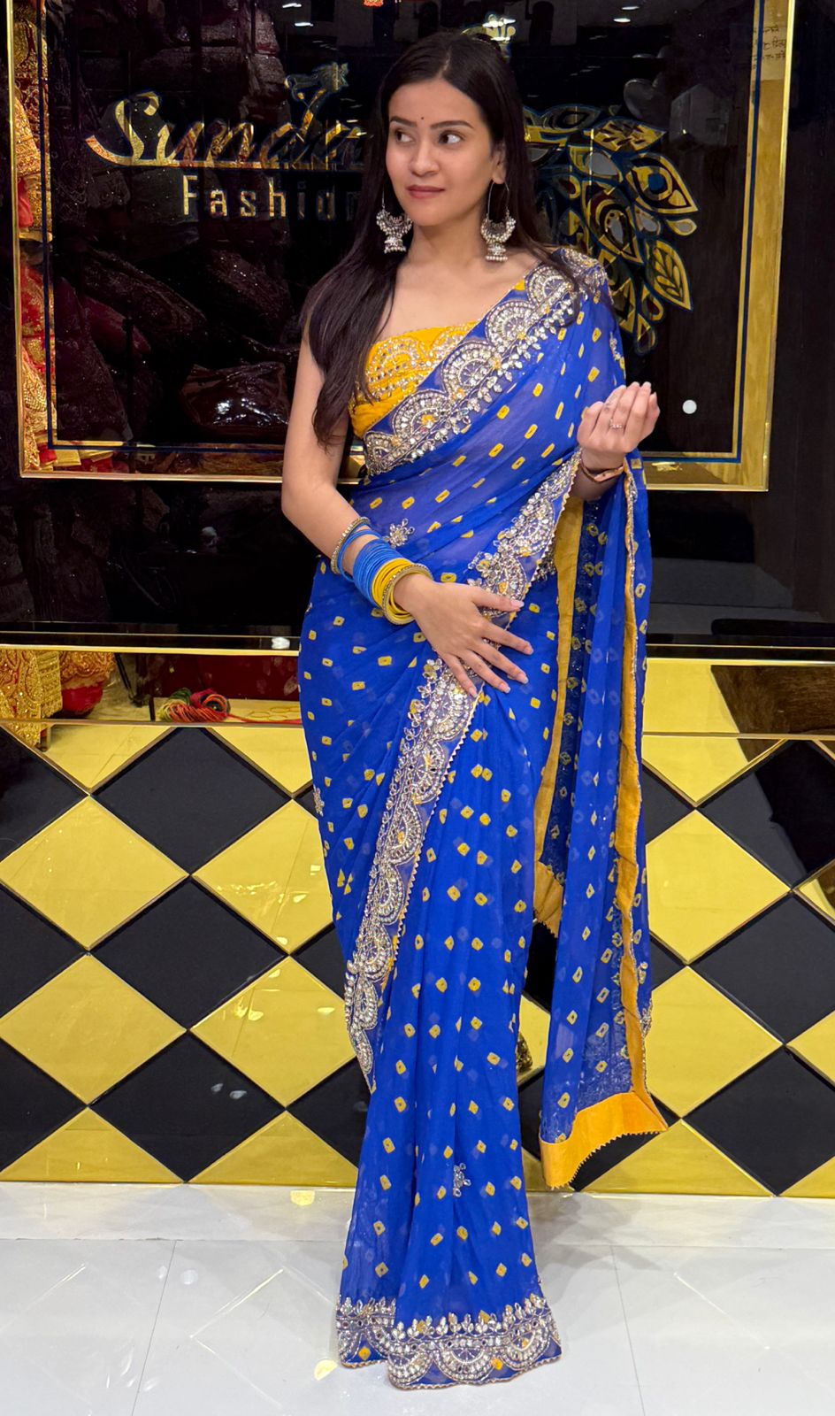 Pure Chiffon Bandhani Mirror Handwork Saree With Contrast Blouse (217)