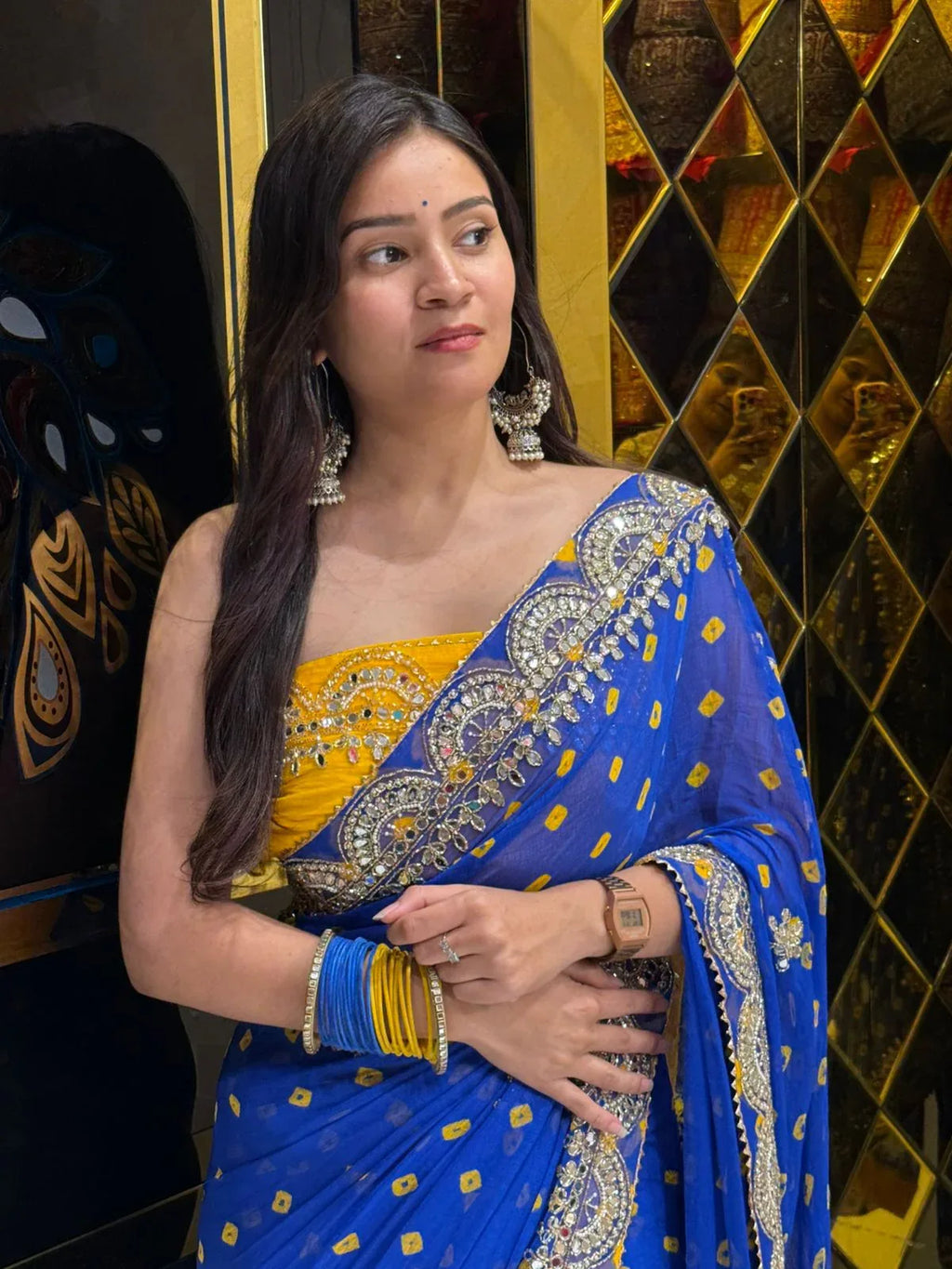 Pure Chiffon Bandhani Mirror Handwork Saree With Contrast Blouse (217)