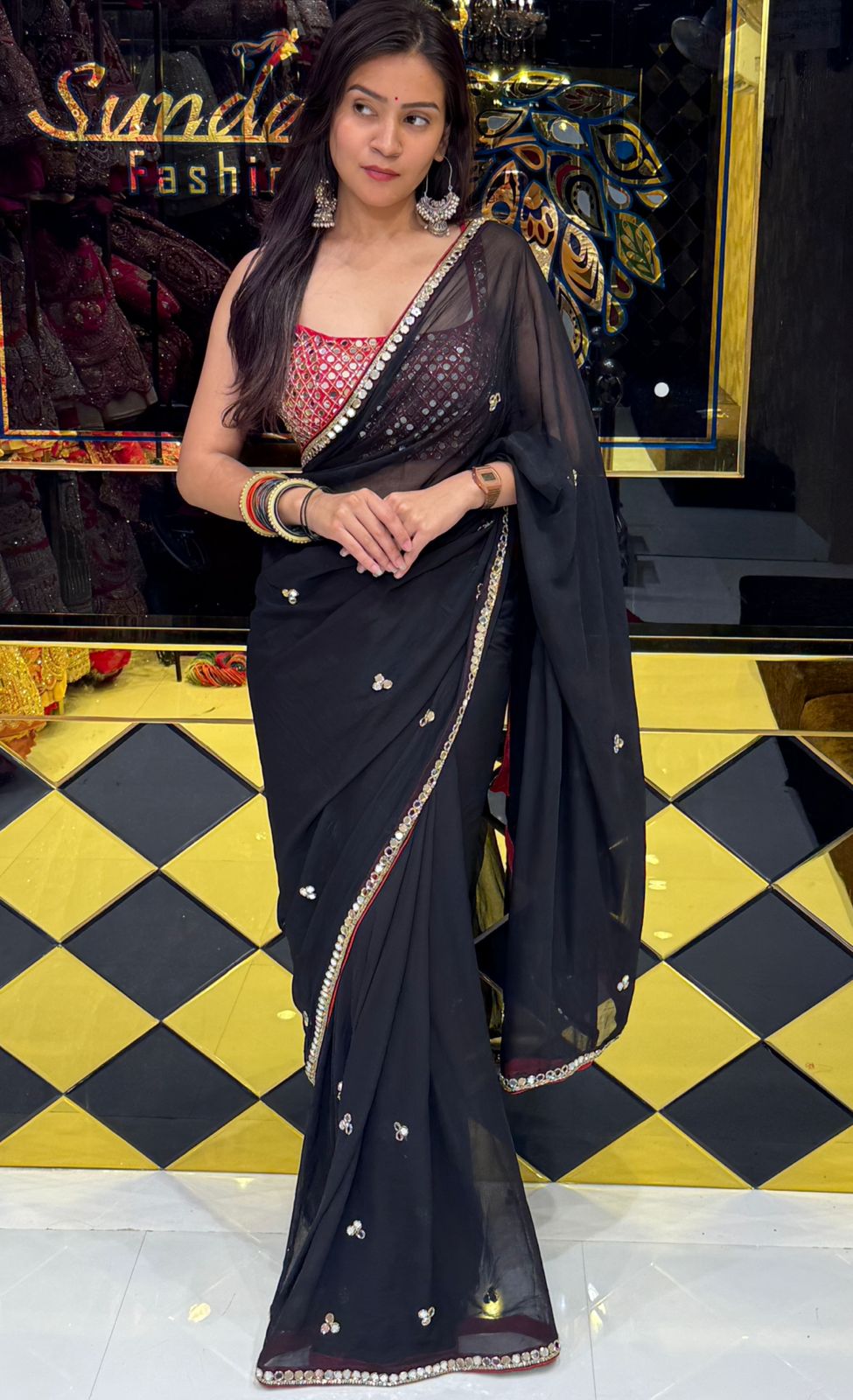 Black Pure Chiffon Mirrorwork with Heavy Blouse Saree (220)