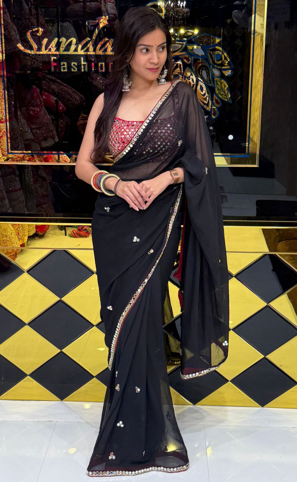 Black Pure Chiffon Mirrorwork with Heavy Blouse Saree (220)