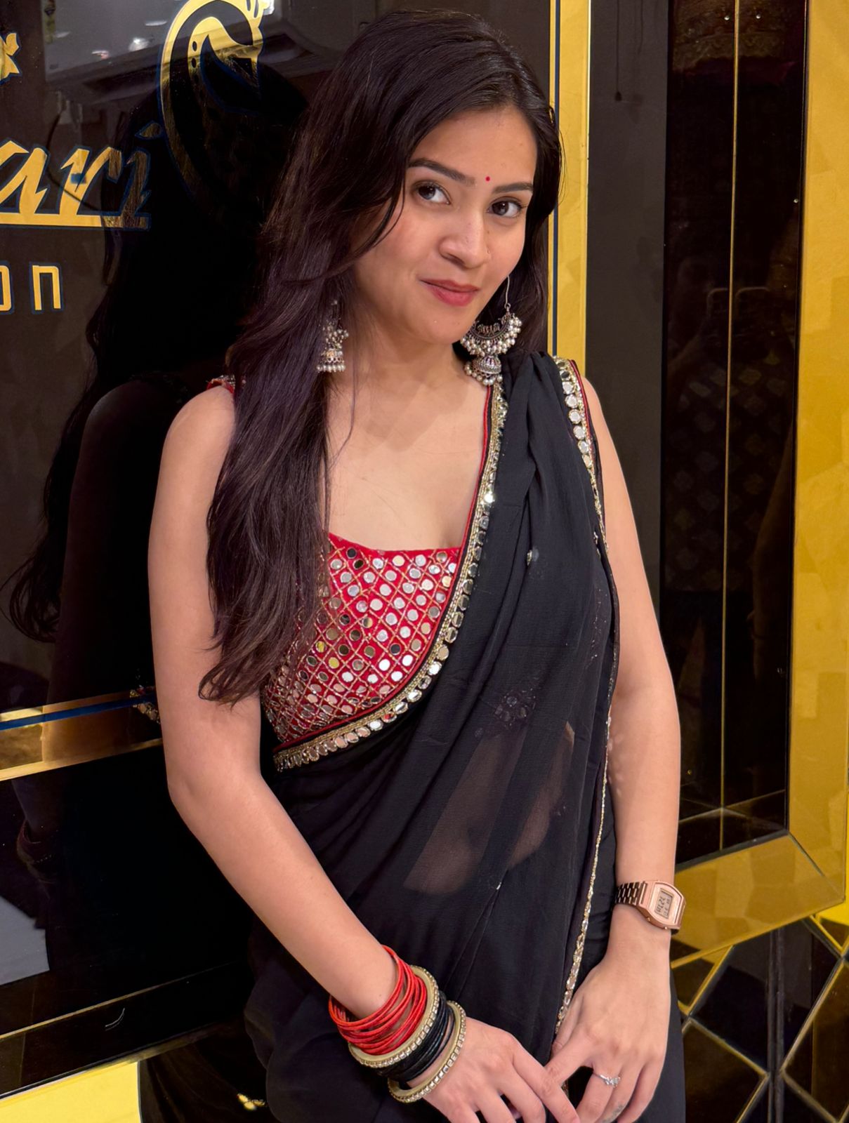 Black Pure Chiffon Mirrorwork with Heavy Blouse Saree (220)