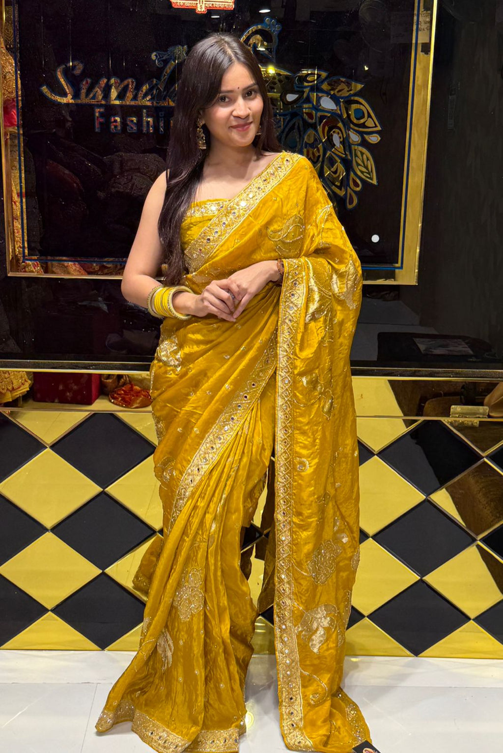 Yellow Floral ThreadWork & Mirrrorwork Saree (223)