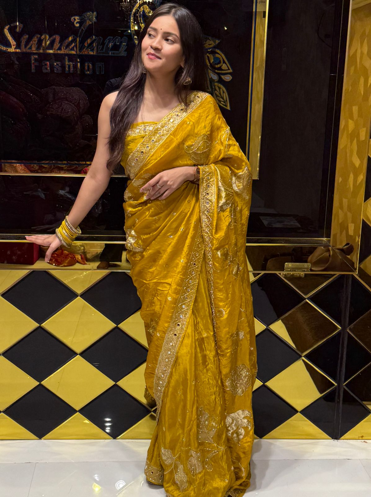 Yellow Floral ThreadWork & Mirrrorwork Saree (223)