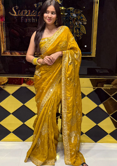 Yellow Floral ThreadWork & Mirrrorwork Saree (223)