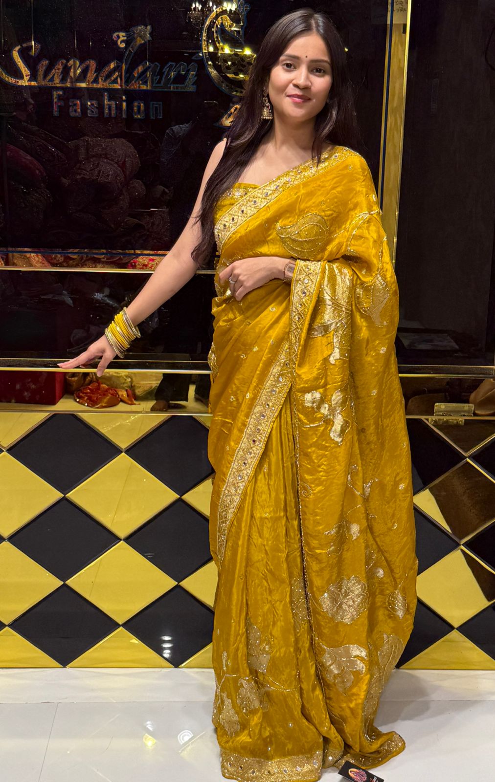 Yellow Floral ThreadWork & Mirrrorwork Saree (223)