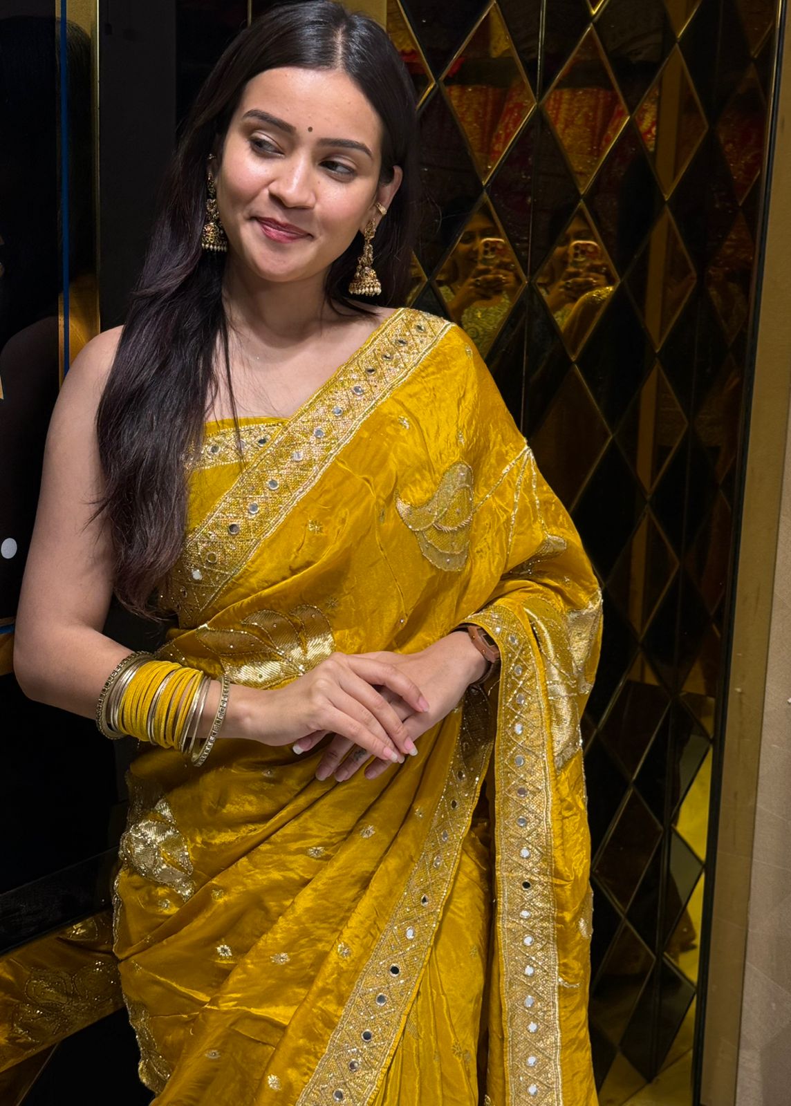 Yellow Floral ThreadWork & Mirrrorwork Saree (223)