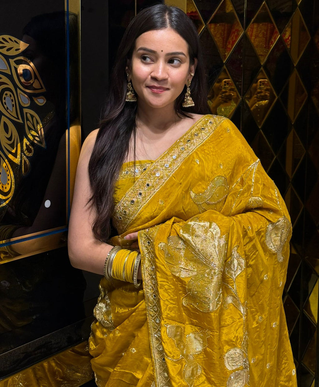 Yellow Floral ThreadWork & Mirrrorwork Saree (223)