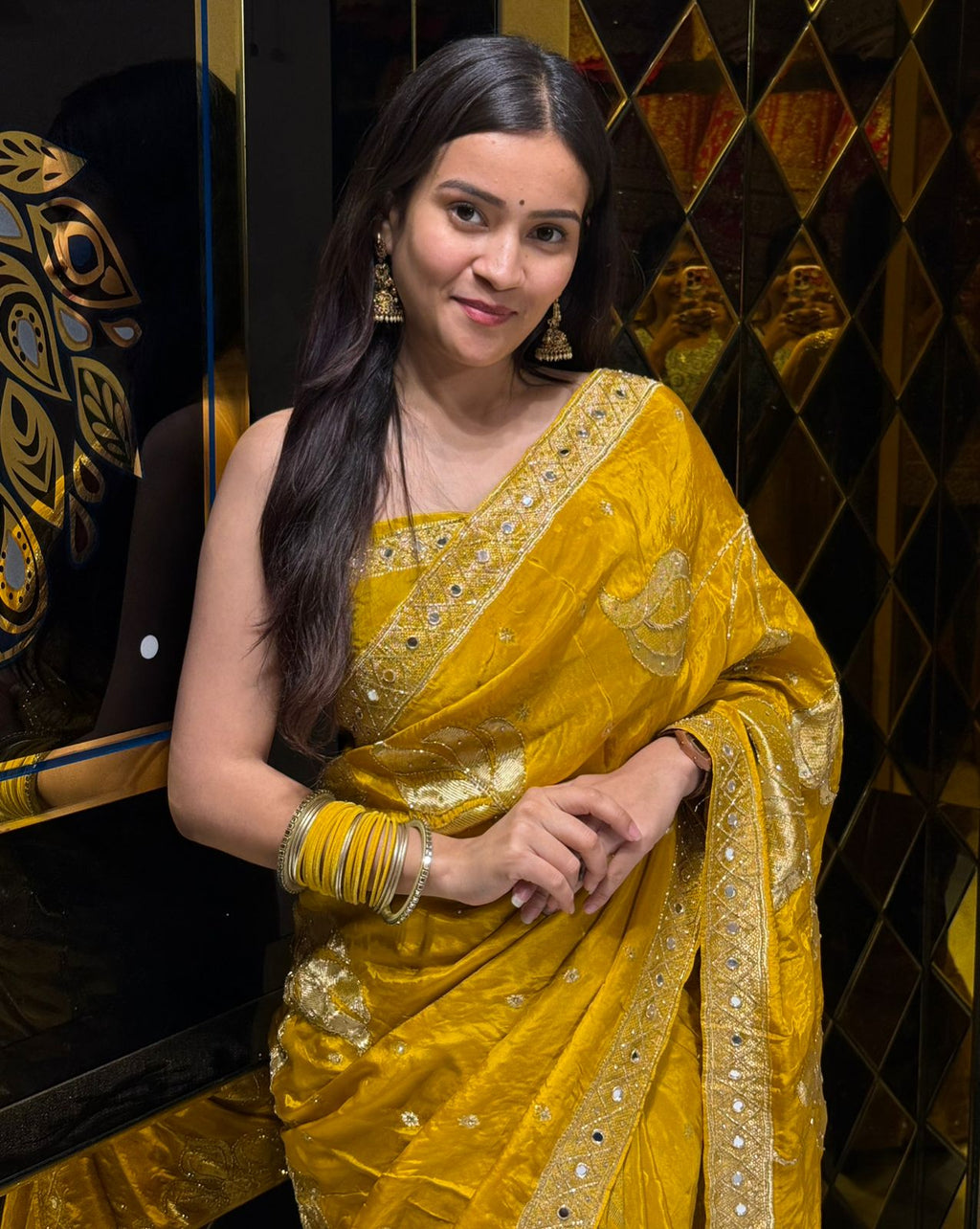 Yellow Floral ThreadWork & Mirrrorwork Saree (223)
