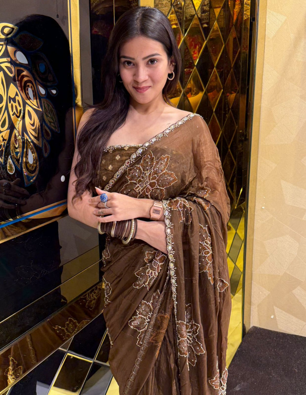 Brown Floral Mirrrorwork Saree (221)