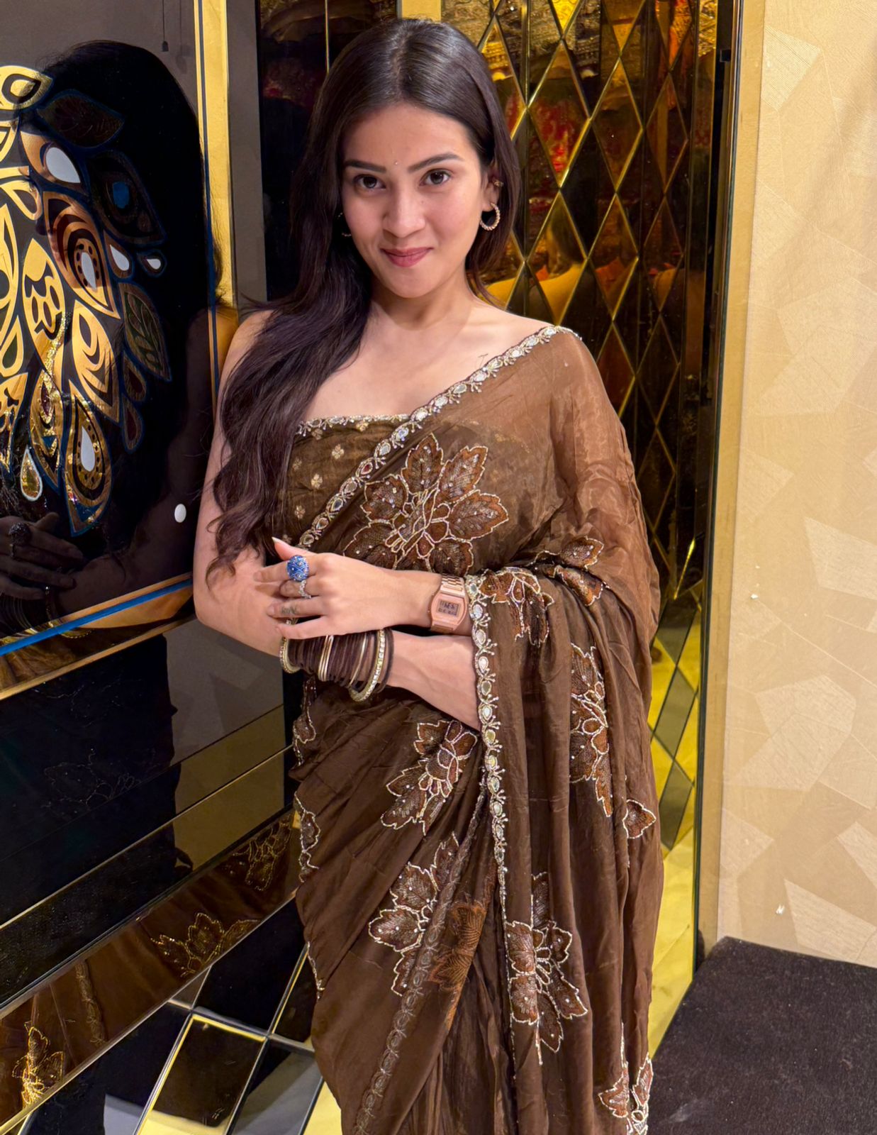 Brown Floral Mirrrorwork Saree (221)