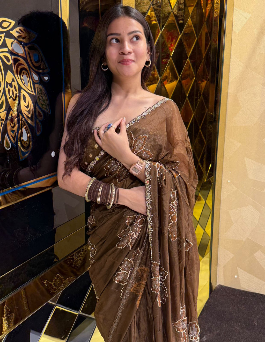 Brown Floral Mirrrorwork Saree (221)
