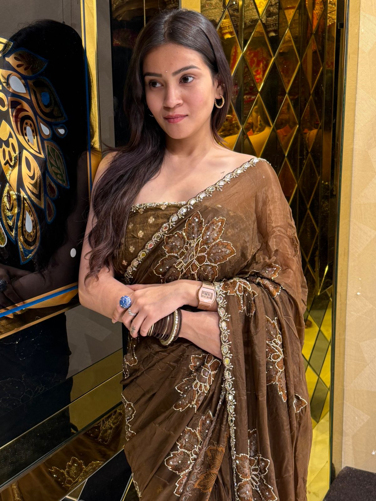 Brown Floral Mirrrorwork Saree (221)