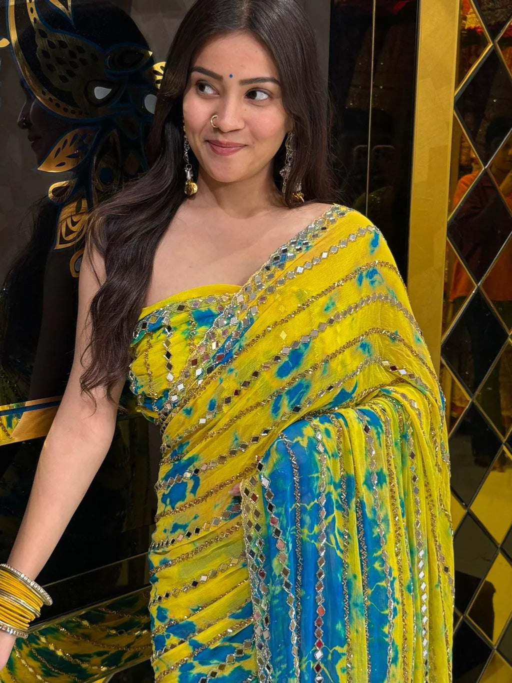 Yellow Katdana Premium Handwork Pure Chiffon Saree (222)