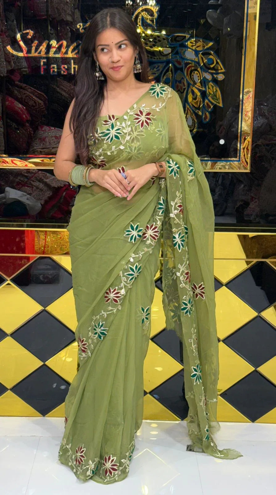 Stunning Green Floral  And Gota Handcrafted Saree (225)