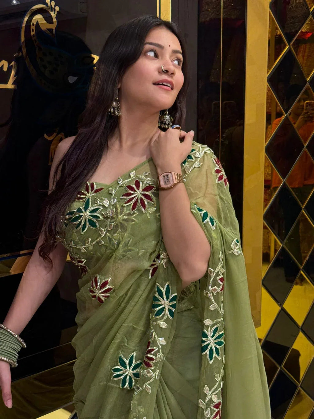 Stunning Green Floral  And Gota Handcrafted Saree (225)