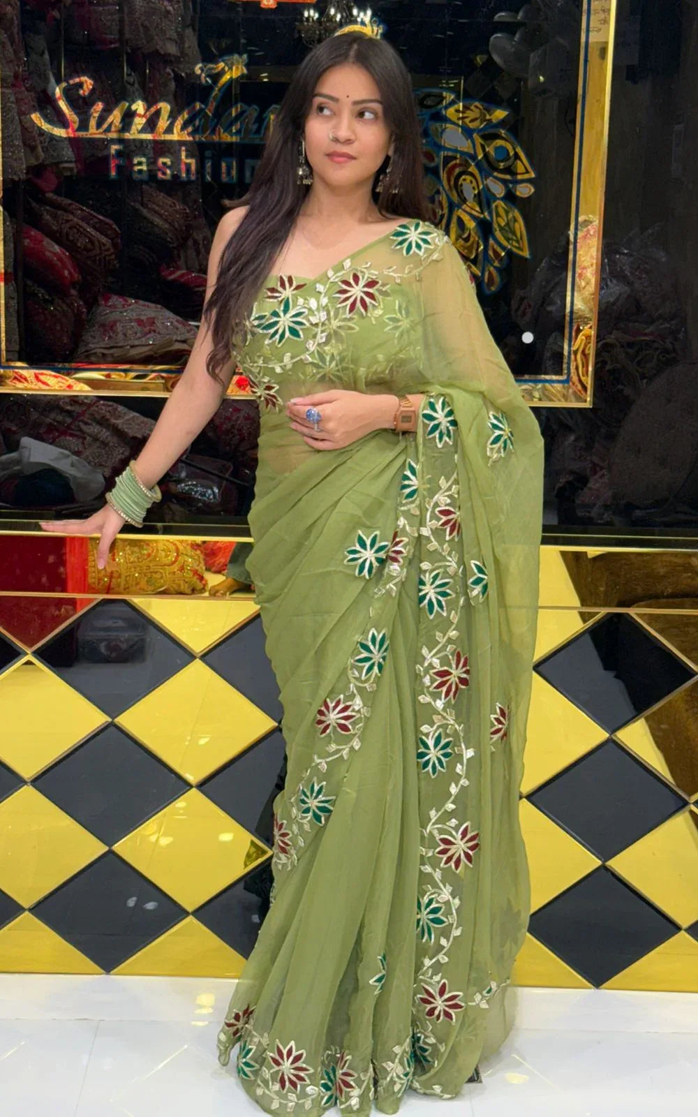 Stunning Green Floral  And Gota Handcrafted Saree (225)