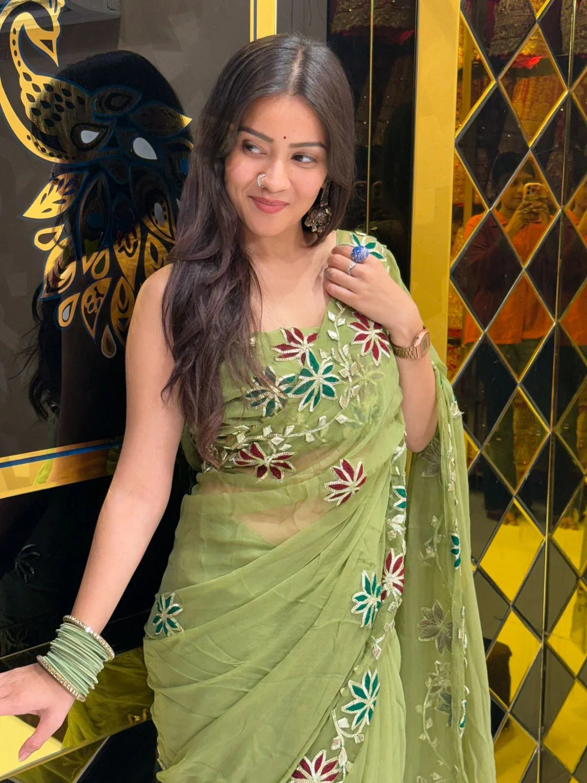 Stunning Green Floral  And Gota Handcrafted Saree (225)