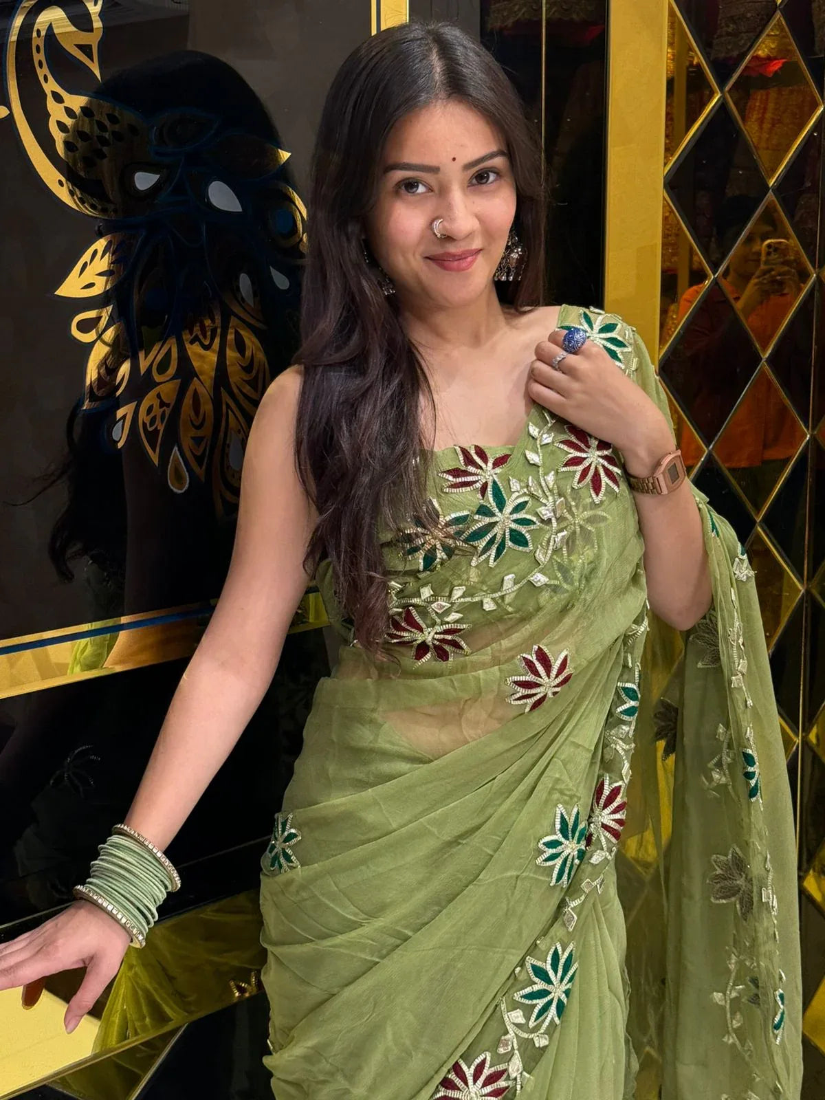 Stunning Green Floral  And Gota Handcrafted Saree (225)