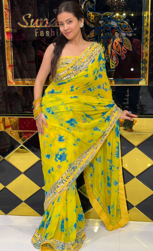 Yellow Shibori  Mirrorwork Style Saree (232)