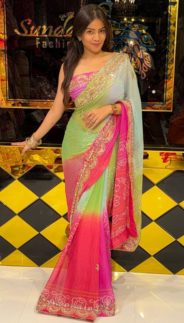 Bandhani MultiShade Mirror Handwork Saree (224)