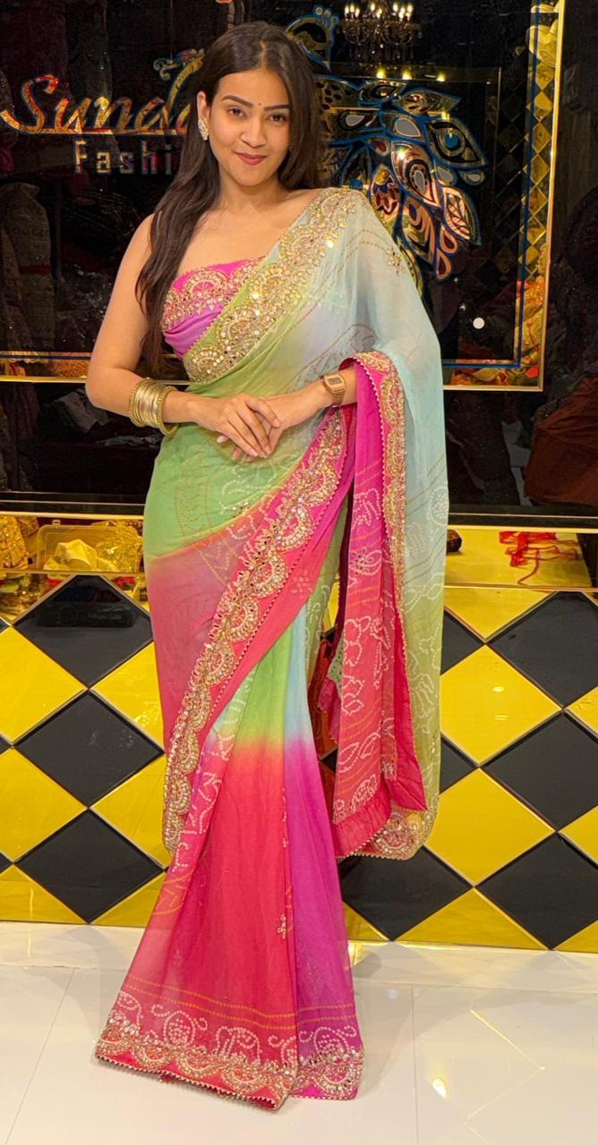 Bandhani MultiShade Mirror Handwork Saree (224)