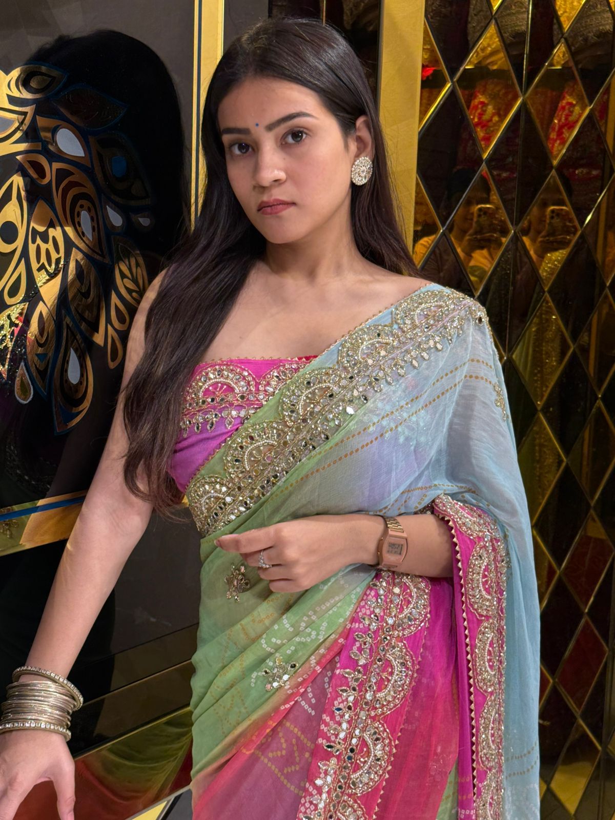 Bandhani MultiShade Mirror Handwork Saree (224)