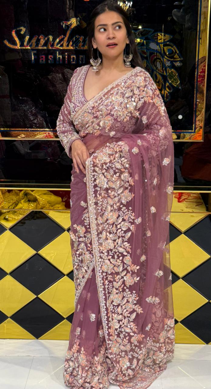 Pink Floral  Designer Saree With Readymade Blouse (226)