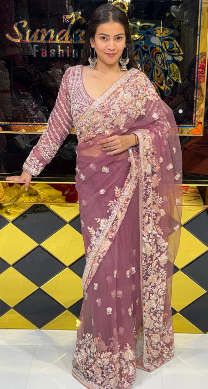 Pink Floral  Designer Saree With Readymade Blouse (226)