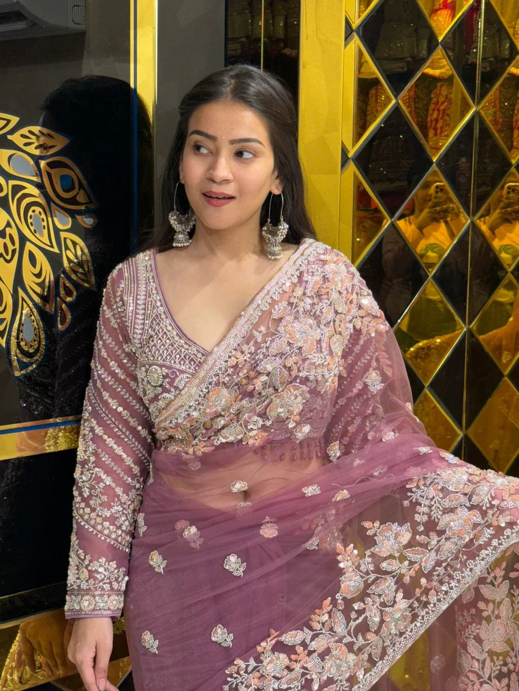 Pink Floral  Designer Saree With Readymade Blouse (226)