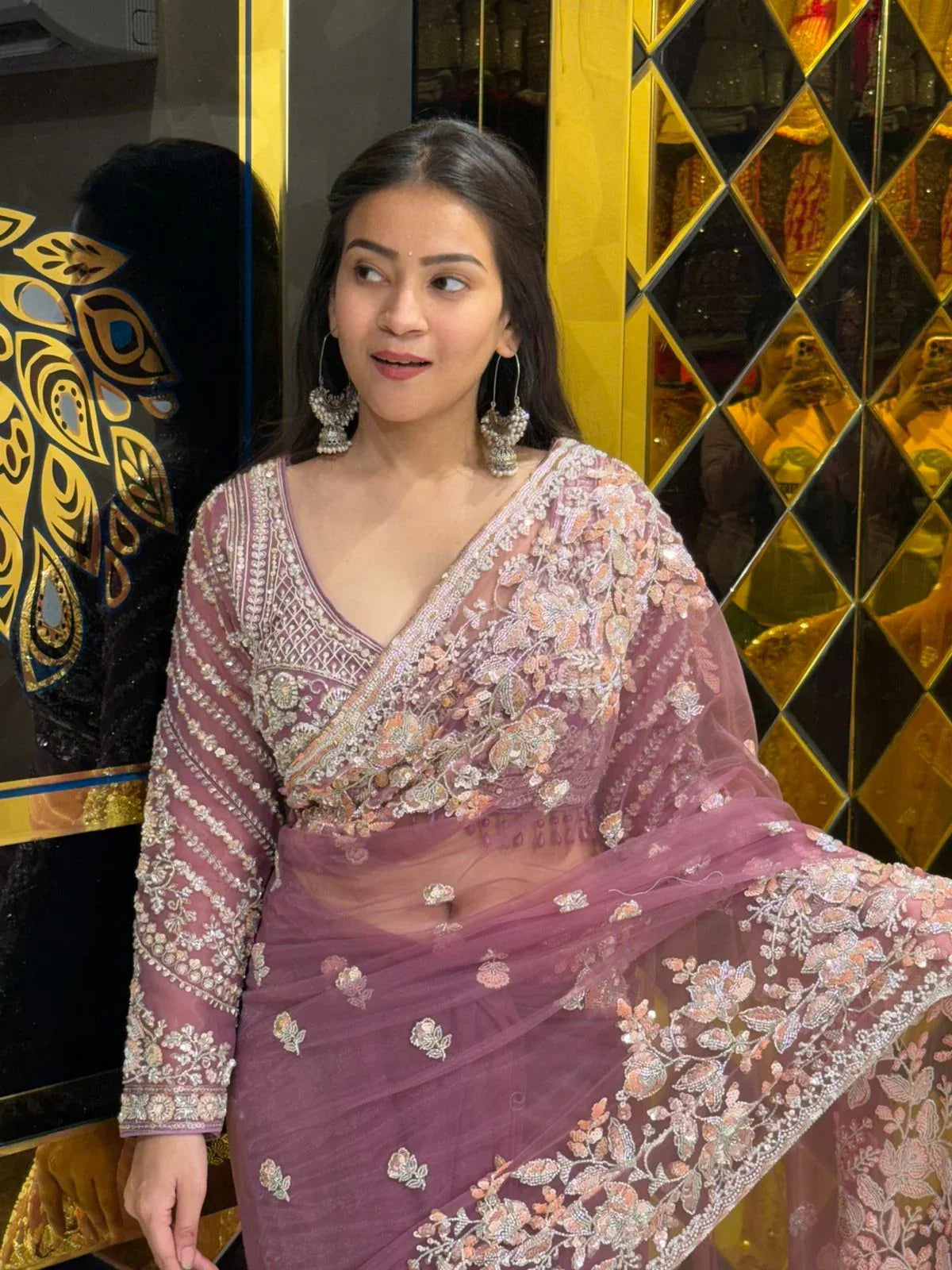 Pink Floral  Designer Saree With Readymade Blouse (226)