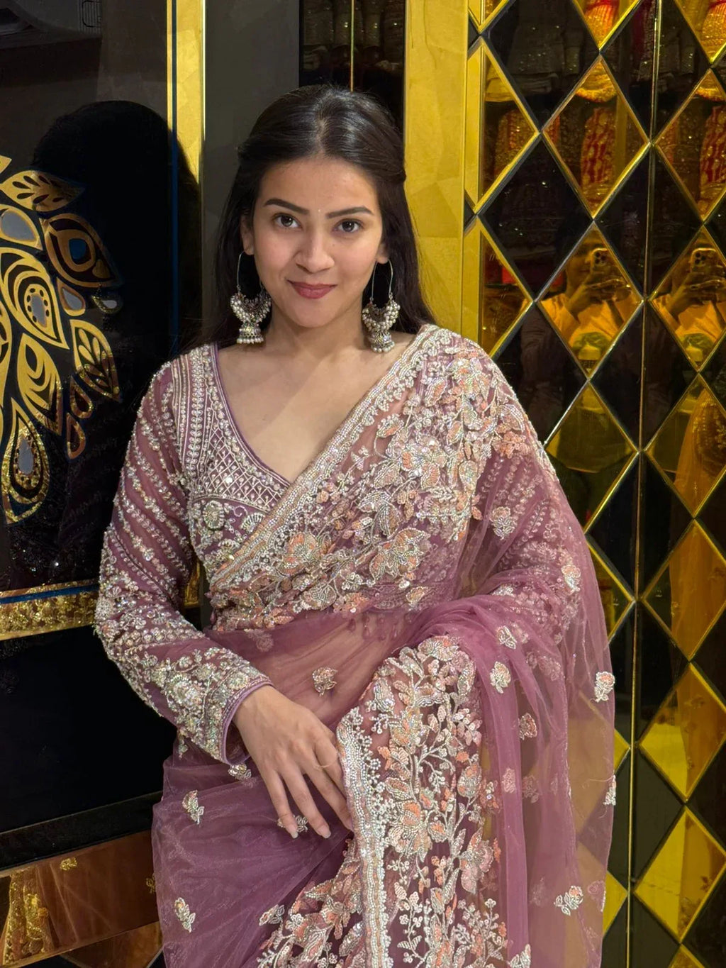 Pink Floral  Designer Saree With Readymade Blouse (226)