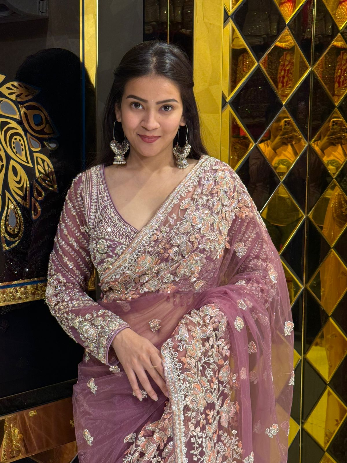 Pink Floral  Designer Saree With Readymade Blouse (226)