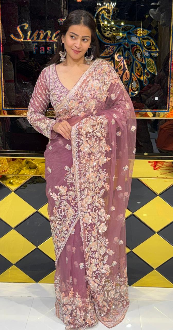 Pink Floral  Designer Saree With Readymade Blouse (226)