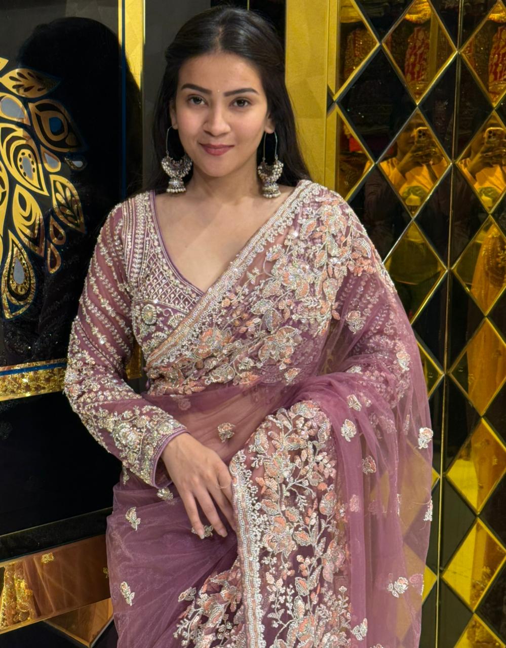 Pink Floral  Designer Saree With Readymade Blouse (226)