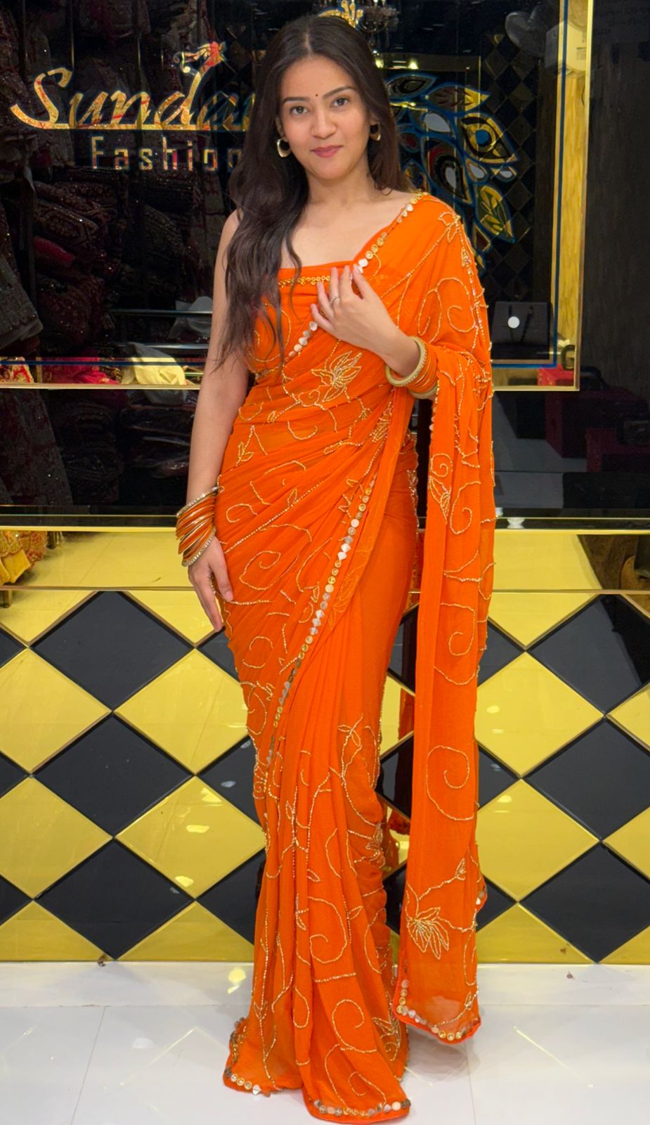 Sundari Exclusive Orange Handwork  Saree (233)