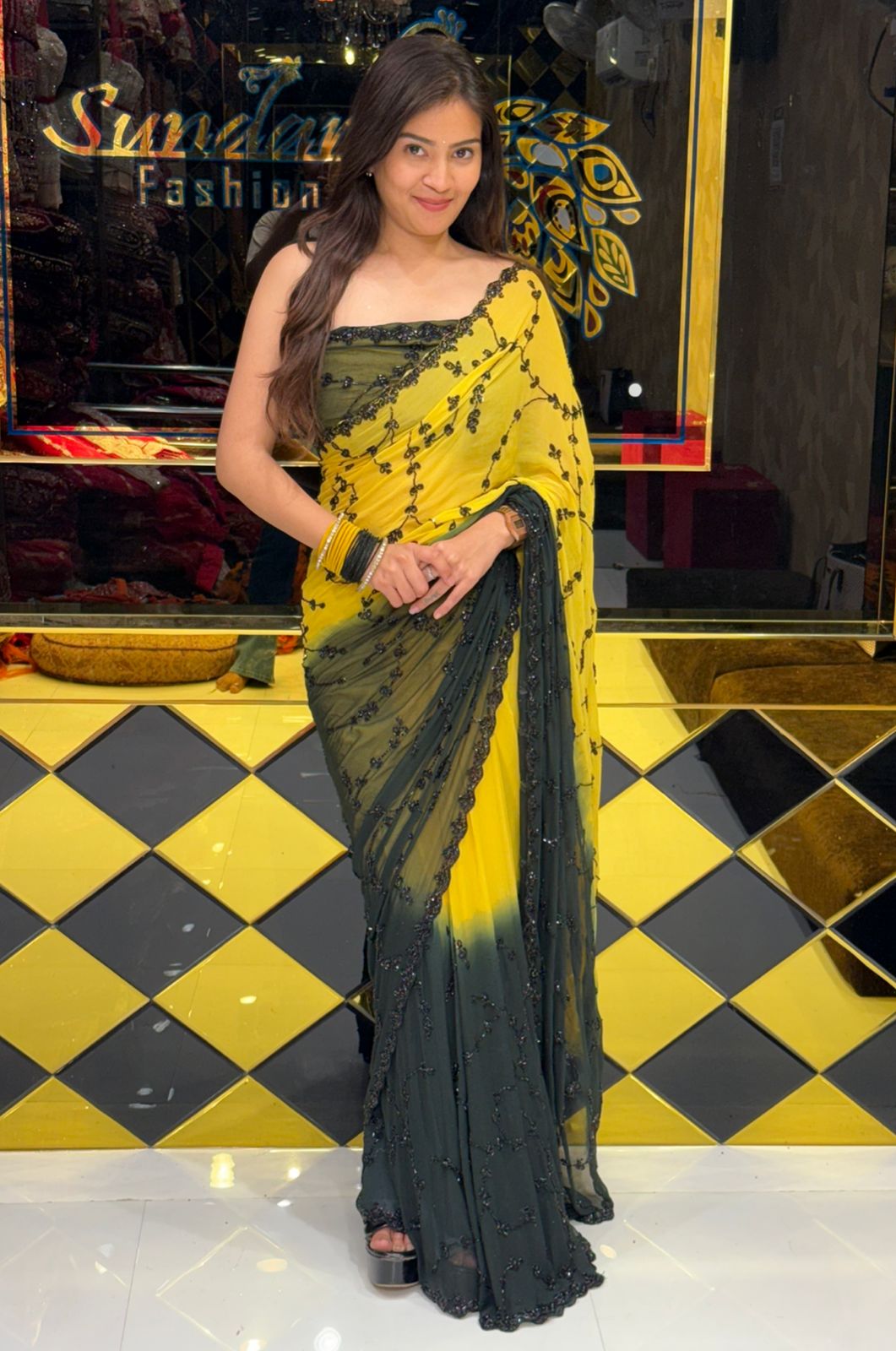 Yelllow Black Handwork Pure Chiffon Partywear Saree