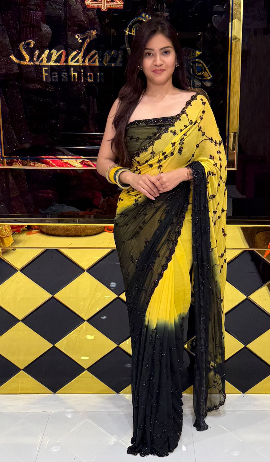 Yelllow Black Handwork Pure Chiffon Partywear Saree