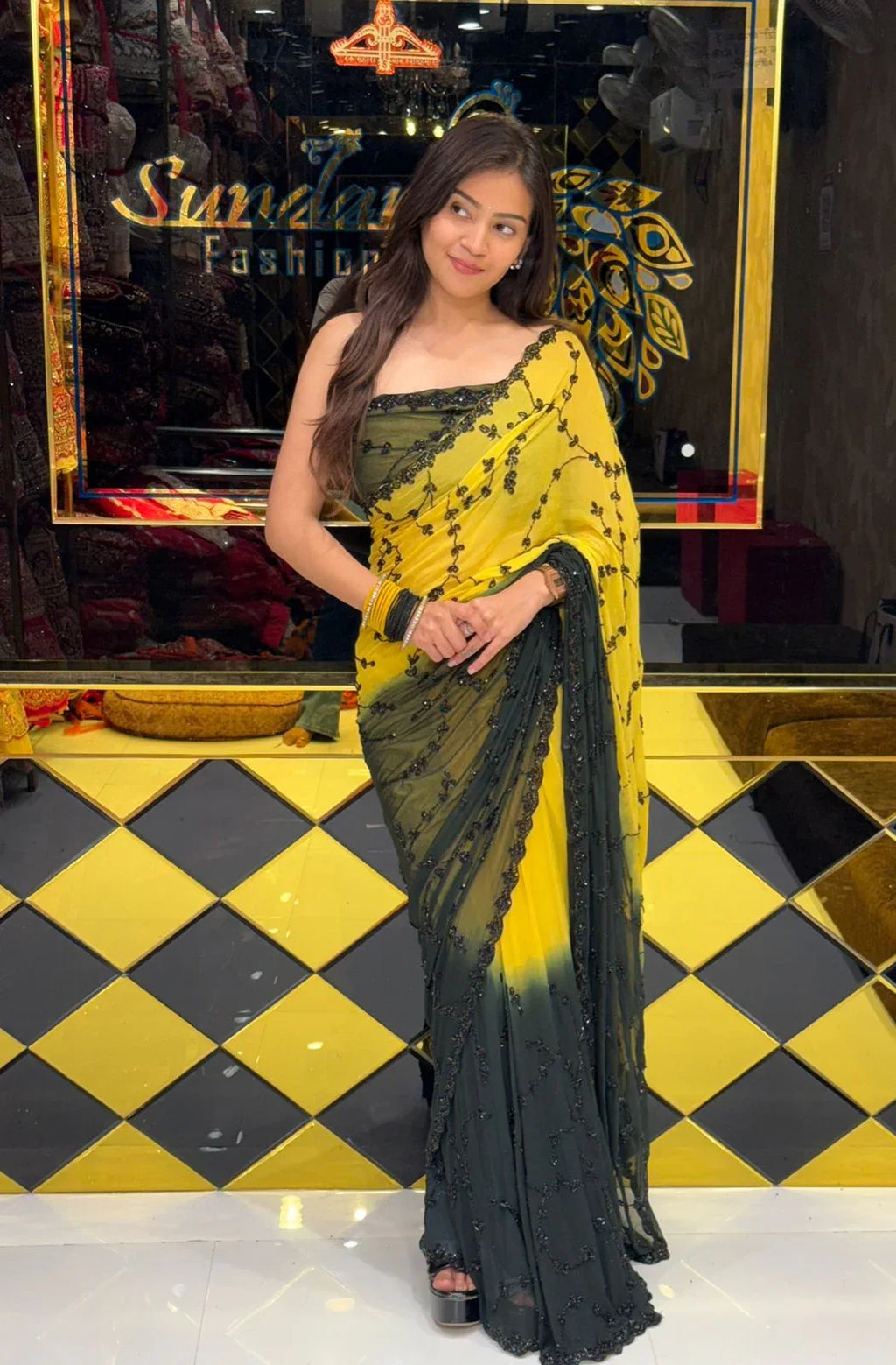 Yelllow Black Handwork Pure Chiffon Partywear Saree (241)